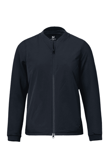 A women's hybrid jacket in navy, featuring a zip front and a logo on the interior label.