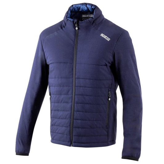 A navy blue jacket with a zip front and multiple pockets, featuring a logo on the shoulder.