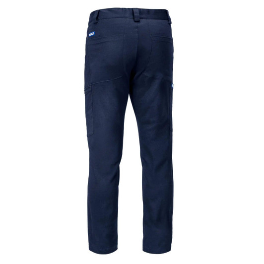 Navy trousers featuring multiple pockets and a logo, shown from the back.