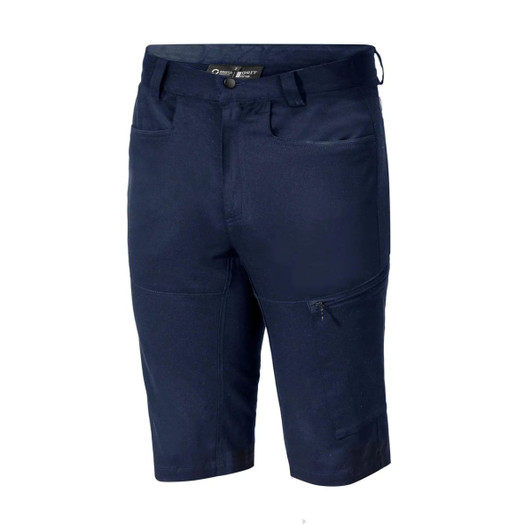 Navy blue Bermuda shorts with multiple pockets and a logo on the waistband.