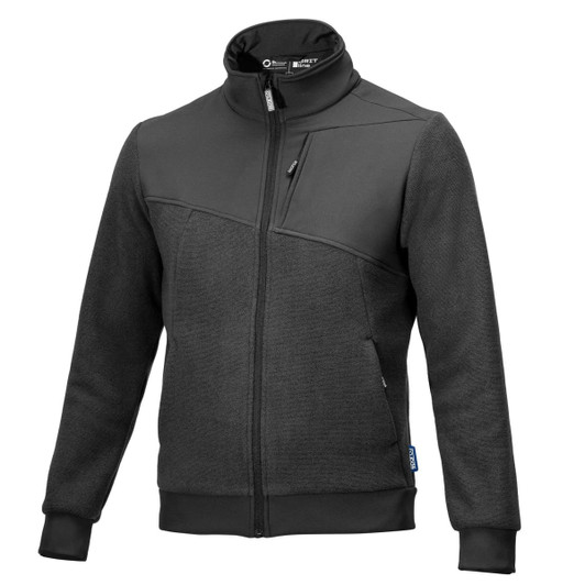A full zip fleece jacket in dark grey with a high collar and a logo on the chest.