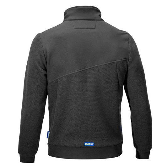 A dark grey fleece jacket with a full zip and a stylish design; features a logo on the lower left side.
