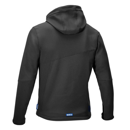 A black softshell jacket with a hood and a logo on the bottom. The image shows the back view.