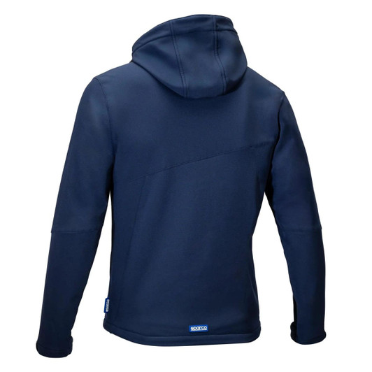 A navy softshell jacket with a hood, featuring a logo and a smooth, textured fabric.