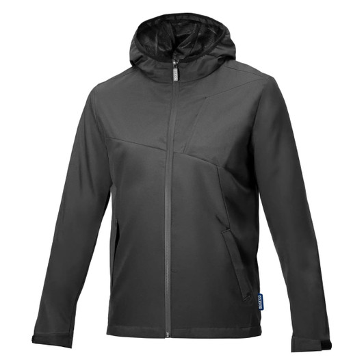 A black windbreaker jacket with a hood, featuring a zip front and pockets, also displaying a logo.