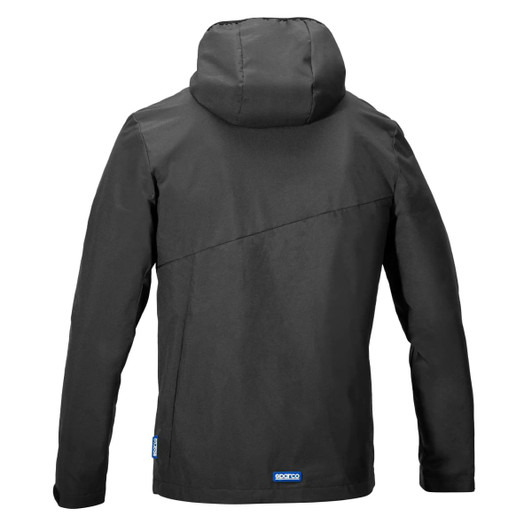 A black windbreaker jacket with a hood, featuring a simple design and a logo on the bottom left.