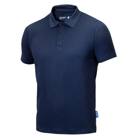 A navy blue polo shirt with a collar, short sleeves, and a logo on the side.
