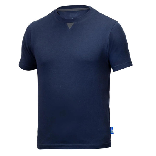 A navy blue T-shirt with short sleeves, featuring a logo on the side.