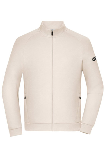 Men's zip jacket in light beige with side pockets and a logo on the sleeve. Suitable for casual wear.