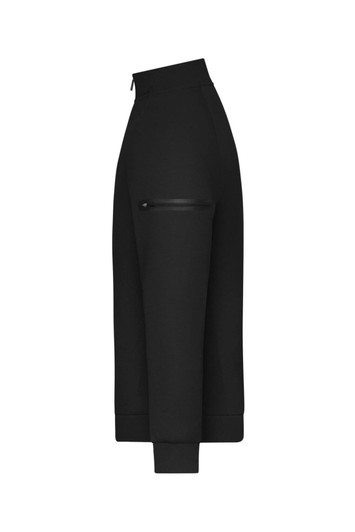 A black zip jacket with a side pocket and a high collar. It features a sleek, modern design and has a logo.