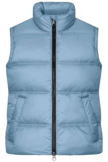A light blue puffer vest with a high collar and zip closure, featuring front pockets and a branding logo.