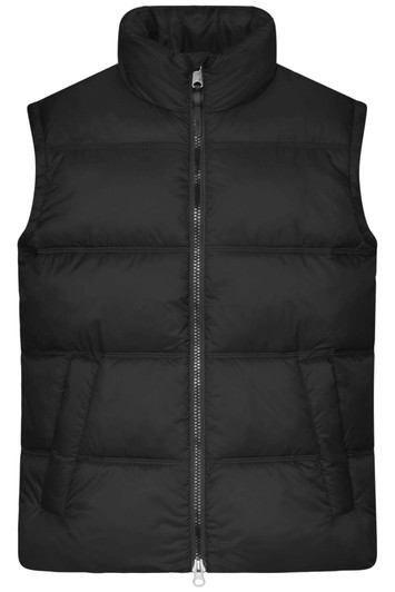 A black puffer vest with a high collar, featuring a front zip and two pockets. It has a logo on the side.