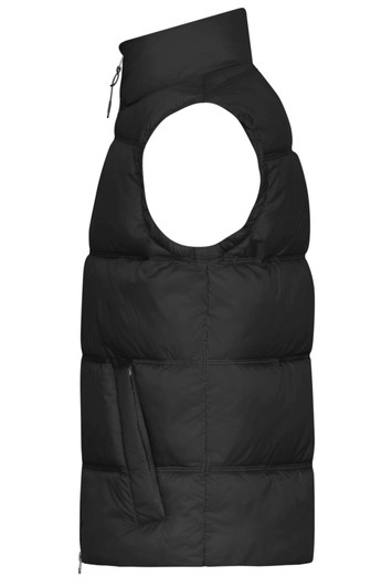 A black men's winter vest featuring a unique design with a high collar and a side pocket. It has a logo on it.