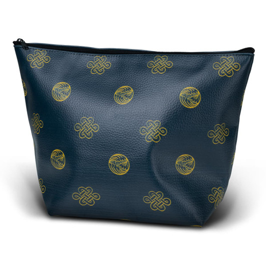 A medium cosmetic bag in dark blue with a gold pattern, featuring a zip closure and an interior compartment.