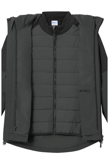 A grey ladies 3-in-1 jacket featuring a removable inner layer and a zip front. The jacket includes a logo.