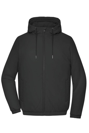 A black ladies bomber jacket featuring a hood and zippered front, with an adjustable drawstring.