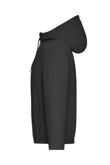 A black ladies bomber jacket with a hood, featuring a side profile view and a logo on the front.