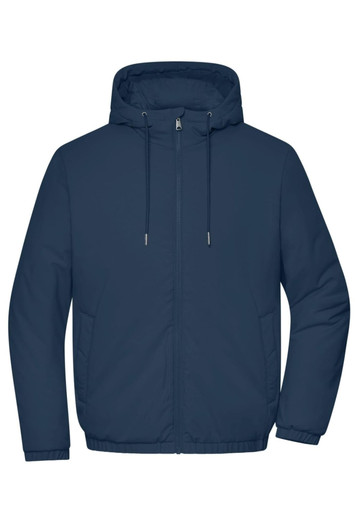 A navy men's bomber jacket with a hood and zip closure, featuring pockets and a sleek design.