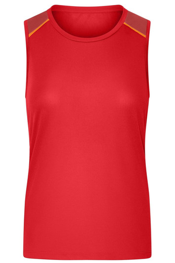 A red ladies running tank with a sleeveless design and contrasting shoulder accents. It features a logo.