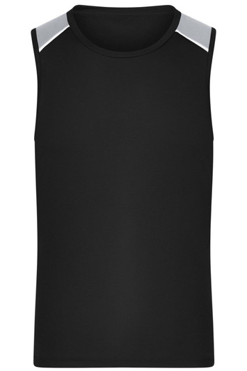 A black men's running tank top with grey accents on the shoulders and a logo.