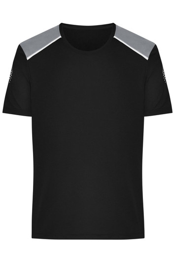 A black men's running T-shirt featuring grey accents on the shoulders and a logo on the sleeve.