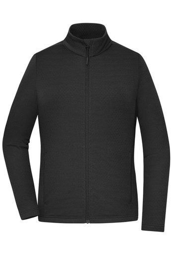 A black ladies' sports structured fleece jacket with a high collar and full zip. It features a logo.