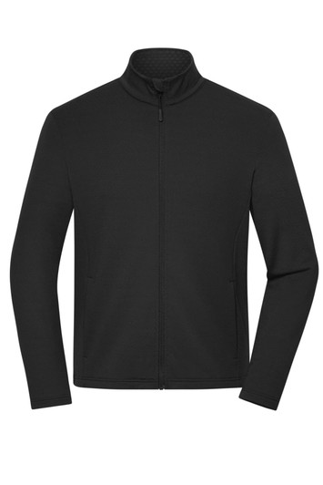 A men's structured fleece jacket in black with a high collar and full zip, featuring a logo on the side.