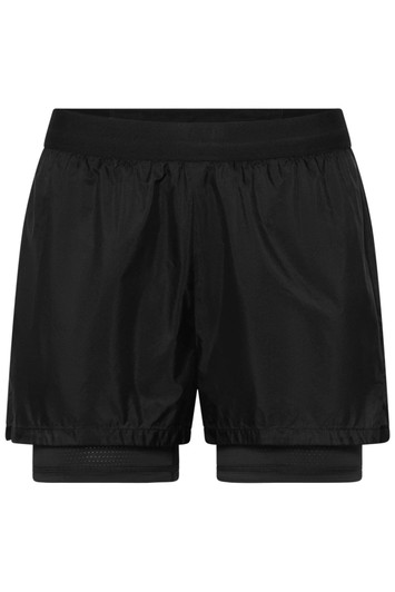 Black ladies' running shorts featuring an inner layer and an elastic waistband. Includes a logo.