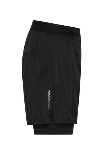 Men's running shorts in black with a mesh panel and a logo. Features a comfortable elastic waistband.