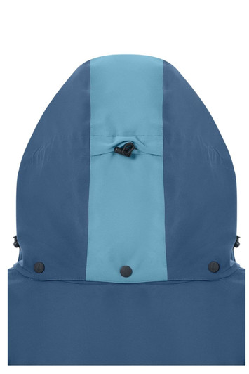 A hardshell rainjacket in navy blue and light blue, featuring an adjustable hood and snap closures.