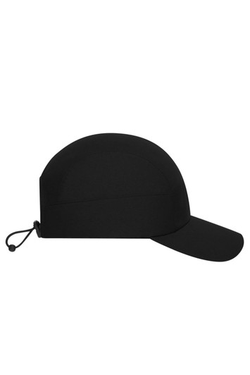 A black 7 panel sports cap with a adjustable strap and a curved brim, featuring a logo on the side.