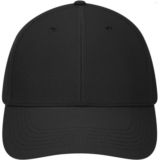 A black six-panel workwear cap with a curved brim and a logo on the front.
