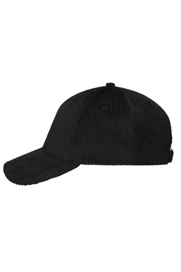 A black corduroy cap with a six-panel design and a curved brim, featuring a logo on the side.