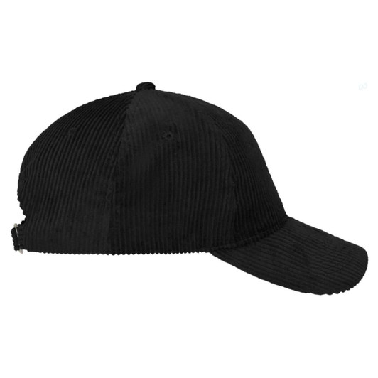 A black 6 panel corduroy cap featuring a structured design and a back closure, with a logo visible.