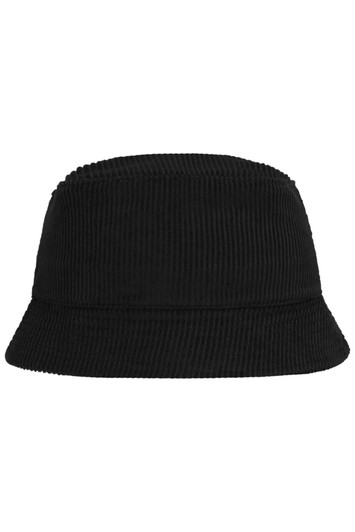 A black corduroy fisherman hat with a structured, bucket-style design and a subtle logo branding.