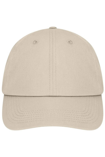 A beige 6-panel dad cap featuring a curved brim and an adjustable strap at the back. It has a logo on the front.