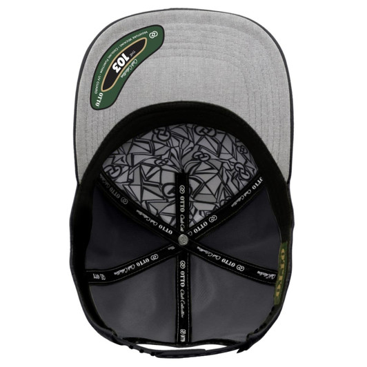 A grey 5 panel cap featuring a patterned interior and a logo, showcasing the interior design and structure.