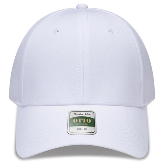 A white low profile cap with a branded label on the front and no visible design elements.