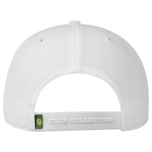 A white low-profile cap with a rear strap and a logo, featuring ventilation holes.