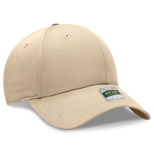 A beige six-panel cap featuring a structured design and a branded tag. Ideal for casual wear.
