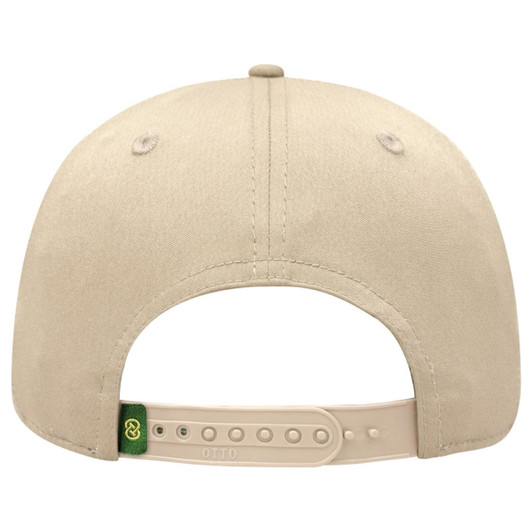 A beige six-panel pro style cap with an adjustable strap and a logo on the back.