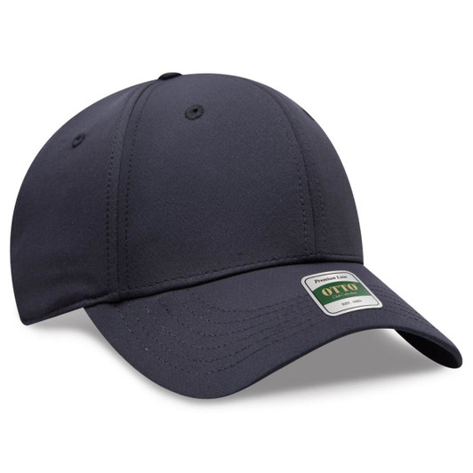 A navy blue six-panel cap featuring a curved visor and a logo label on the front.