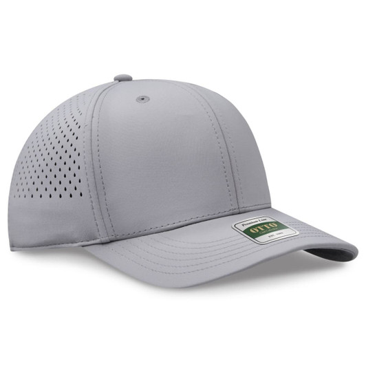 A grey perforated cap with a structured six-panel design and an adjustable strap, featuring a logo.