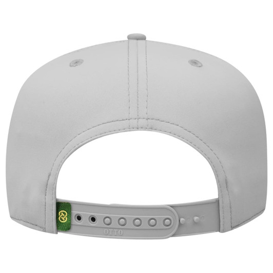 A grey five-panel cap with a rear adjustable strap and ventilation holes, featuring a small logo on the strap.