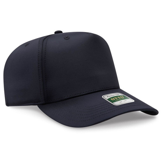 A navy 5 panel pro style cap featuring a logo and a structured design.