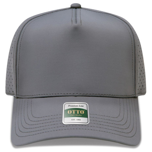 A grey perforated cap with a mid-profile design, featuring a logo on the front.