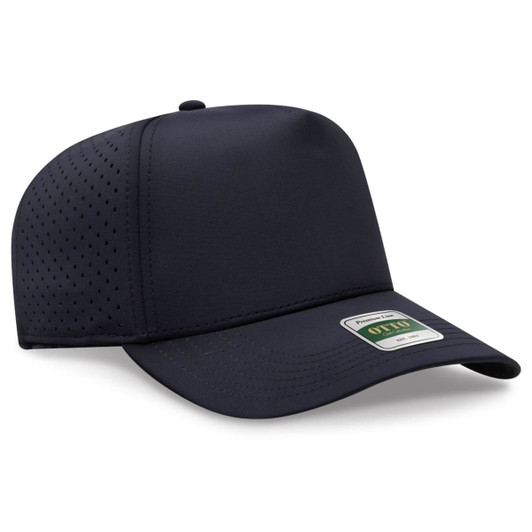 A navy perforated cap with a mid profile and a logo patch on the front.