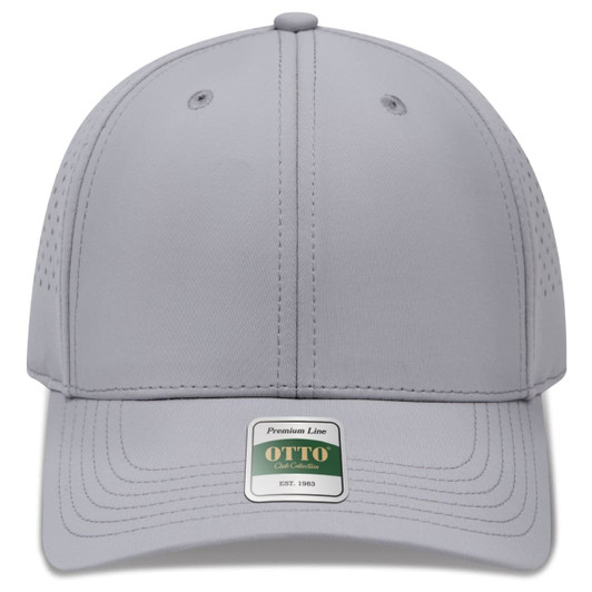 A grey six-panel cap with perforated ventilation and a branded label on the front.