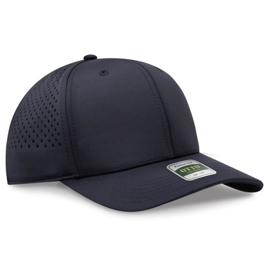 A navy blue perforated cap featuring a structured six-panel design and a branded patch.