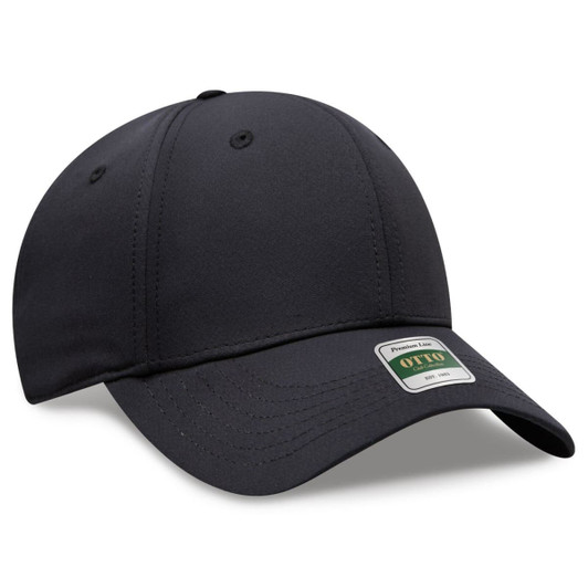 A dark navy cap featuring a low profile and six panels, with a logo on the side.